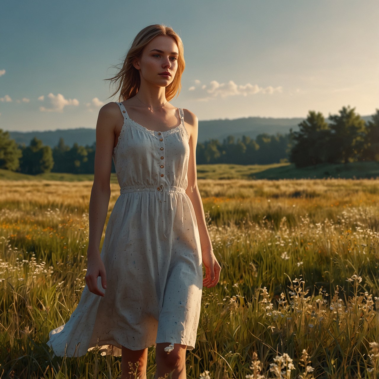 A woman standing in a summer meadow at low sun, wind in her hair.